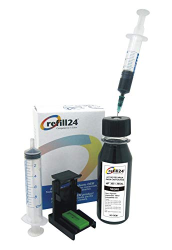 refill24 Kit de Recarga para Cartuchos de Tinta HP 305, 305 XL Negro, Incluye Clip y Accesorios + 100 ML Tinta