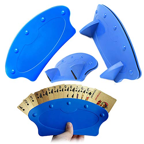 RoadLoo Soporte Juego de Cartas, 4 Piezas Azul Plastic Soporte Naipes Playing Card Holder Curvado Diseño Estable Poker Rack Titular para Niños Adultos y Ancianos Personas con Mal Agarre Artritis