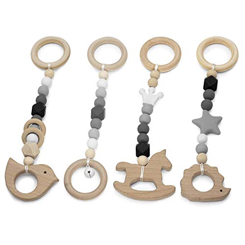 RUBY - 4pc Sonajeros Madera Colgante Masticable para Gimnasio Montessori o Carro Bebé con Bolas De Silicona Mordedor Bebé Sin BPA (Gris)