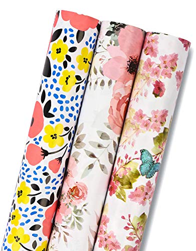 RUSPEPA Rollo De Papel De Regalo - Mini Roll - 3 Diseños Florales Y Mariposas Diferentes (14.4 Sq. Ft.Ttl.) - 44 cm X 305 cm Por Rollo