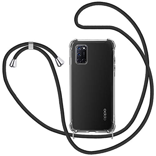 SAMCASE Funda con Cuerda para OPPO A52/A72/A92, Carcasa Transparente TPU Suave Silicona Case con Correa Colgante Ajustable Collar Correa de Cuello Cadena Cordón - Negro