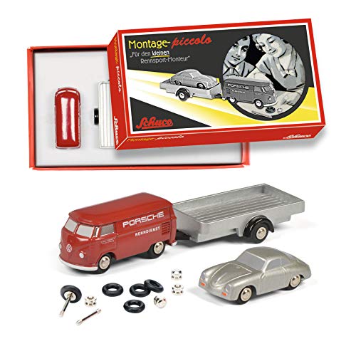 Schuco Piccolo - Caja de Montaje para Porsche Renndienst, 3 Cajas de Montaje con Piccolo VW T1, Porsche 356 Abarth y Remolque, edición Limitada