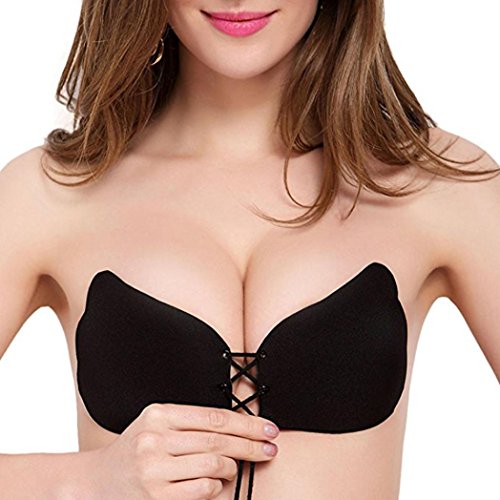 SHOBDW Sujetador Adhesivo, Push Up Strapless Sujetador con cordón Reutilizable Invisible Silicona Backless Sujetadores para Los Vestidos De Las Mujeres (A, Negro)