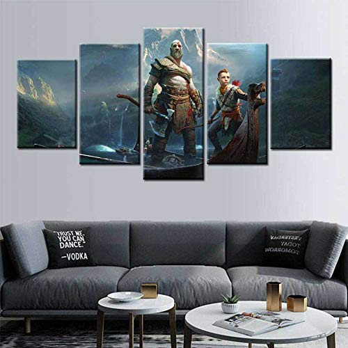 SINGLEAART Impresión De Lienzo 5 Paneles Cuadros,5 Piezas Pintura,Sala Estar Decoración,Modular Póster,Mural Abstracto,Regalo Cumpleaños,Póster God of War,Figura del Juego,200Cm×100Cm,con Marco