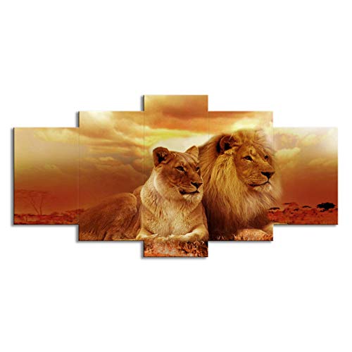 SLJZD Cuadro sobre Lienzo 5 Piezas Desert Lion At Dusk Impresiones En Lienzo Amantes Micro Spray Art Poster Cuadros Modulares Impresiones En Lienzo para Escaleras Sin Marco 60 Inch