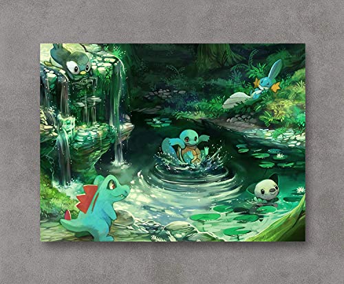 SSKJTC - Lienzo decorativo de pared para sala de estar, diseño de Pokémon Squirtle y Totodile Waterhole verde imágenes arte arte para decoración de pared del hogar, regalo de 28 x 20 pulgadas