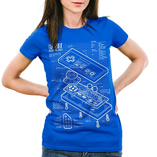 style3 NES Controlador Fotocalco Azul Camiseta para Mujer T-Shirt 8-bit Mario Donkey Bros Kong, Color:Azul, Talla:2XL