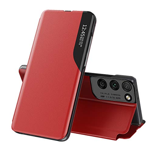 TANYO Funda Smart View para Samsung Galaxy S21 Ultra (S30 Ultra), Prima PU Cuero Carcasa con Clear Ventana, Moda Espejo Estuche Movil con Soporte Plegable, Case Cover - Rojo