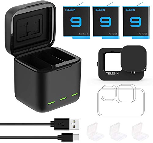 TELESIN Paquete de 3 baterías y cargador con organizador de almacenamiento de cables tipo C para GoPro Hero 9 Black,con funda de silicona, protector de pantalla,cubierta de batería pequeña Hero 9