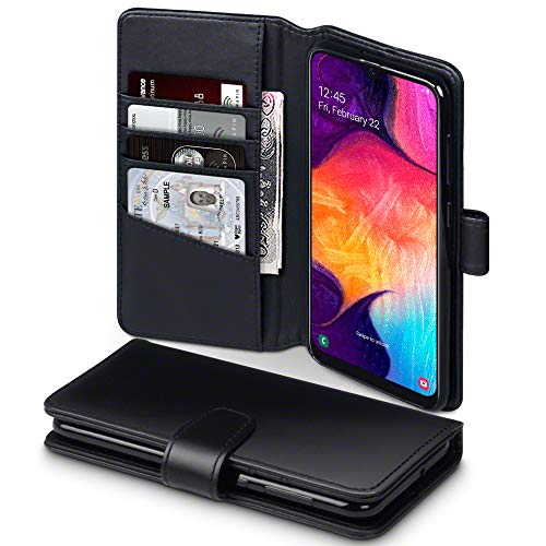 TERRAPIN Funda para Samsung Galaxy A50 Cartera de auténtico Cuero, Tapa Delantera con Billetera para Tarjetas, Adaptable en posicion Horizontal - Negro Oscuro