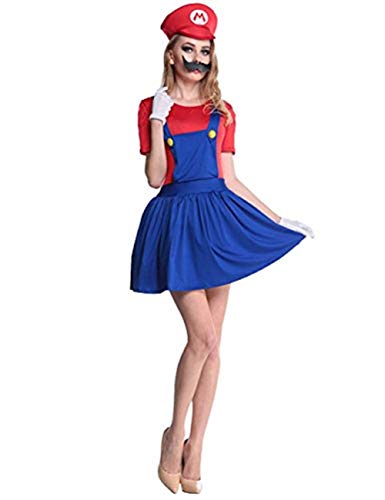 thematys Super Mario Luigi Gorra + Vestido + Barba + Guantes - Conjunto de Vestuario para Mujer Carnaval y Cosplay (S, 150cm-155cm)