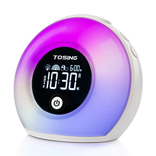 TOSING Despertador luces Lámpara de sueño Reloj Altavoz Bluetooth para niños/adultos Durmiente pesado, Sonidos de la naturaleza Luces LED/Snooze/5 Brillo Lámpara de ayuda para dormir (Blanco)