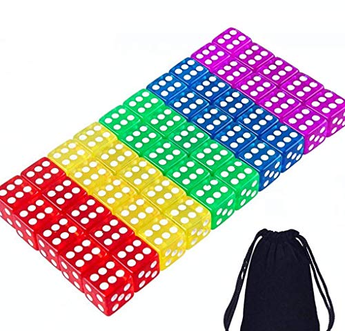 Tweal Juegos de Dados,50 Piezas Dados Multicolor 5 Colores Translúcidos Dados de Esquina Redondeados de 6 Lados con Bolsa de Almacenamiento Gratis para Juegos de Mesa Favores de Fiesta