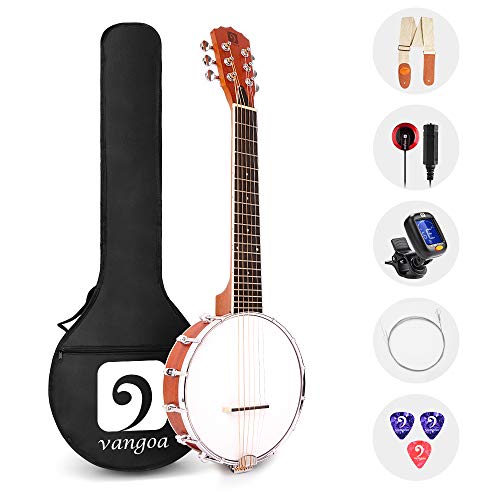 Vangoa 6 cuerdas Banjo Guitarra Mini 26 pulgadas Sapele Travel Banjo Guitar para Principiantes con Bolsa, Pastilla, Correa, Púas, Sintonizador, Manual