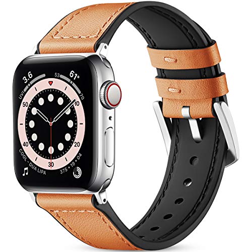 Vobafe Correa Compatible con Apple Watch 38mm 40mm 42mm 44mm, Correa de Piel Repuesto Diseño de Silicona iWatch Series 6/5/4/3/2/1 SE, para Hombres Mujer, 42mm/44mm Naranja/Plateada