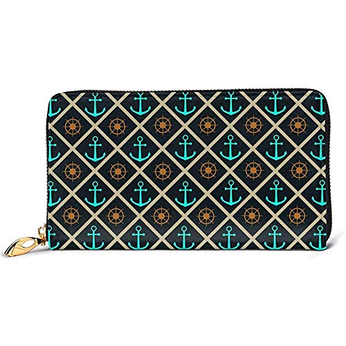 Wallet Purse,Anclas Cartera De Cuero Genuino De Arte, Monederos De Billetera De Poliéster para Caminar Compras Citas,10.5(W) x19(L) x2.5(T) cm