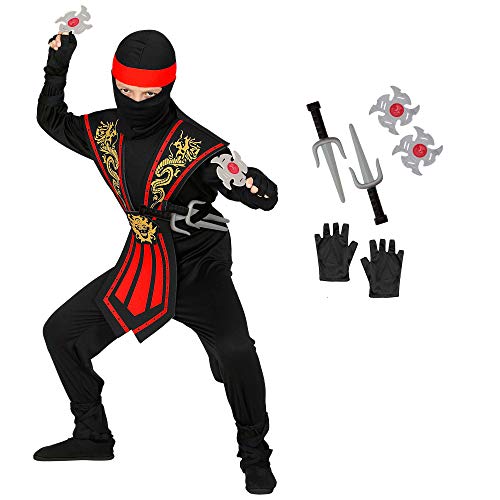 WIDMANN Disfraz infantil de ninja con juego de armas, negro y rojo, luchador, guerrero, japonés, fiesta temática, carnaval