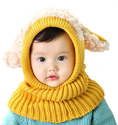 WIKEA Conjunto de Bufanda de Sombrero de Invierno Capucha más Linda para la Oreja Sombrero de Punto cálido Bufandas con Orejas Gorro de Cuello de Nieve para niños 6-36 Meses Rosa (Amarillo)