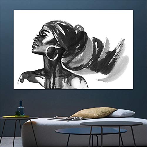 wZUN Blanco y Negro Mujer Africana Arte Lienzo Pintura Arte Moderno Retrato Lienzo Grabado Sala decoración de Oficina Lienzo Grabado 70x50cm