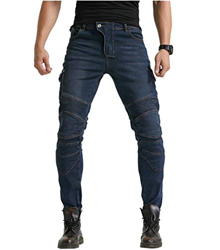 YuanDian Hombre Pantalon Vaquero Moto Jeans de Moto con Protecciones de Rodilla y Cadera Stretch Slim Fit Denim Pantalones Protectores Cargo Recto Pantalones De Motorista Azul 33W / 32L