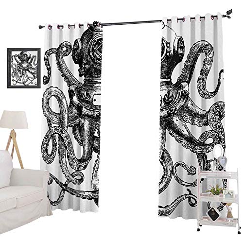 YUAZHOQI - Cortinas para sala de estar, estilo vintage, casco de buceo, diseño de tentáculos de animales marinos, cortinas opacas para dormitorio de 132 x 274 cm, color gris y blanco