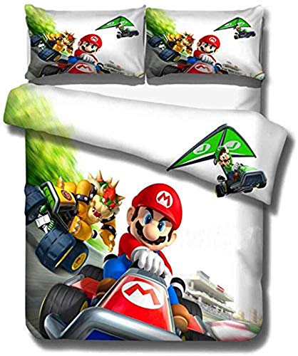 YZHY - Juego de cama de matrimonio con diseño de Super Mario Bros con estampado de animado 3D, funda de edredón individual y 1/2 funda de almohada para niñas, regalo de 140 x 210 cm