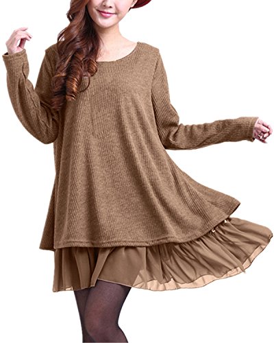 ZANZEA Jersey Mujer Jumper Suéter Larga Tops Vestidos de Encaje para Vestido Lazo Elegant Fiesta de Noche Suéter de Punto para Mujeres Otoño Invierno Tallas Grandes Caqui-399848 M