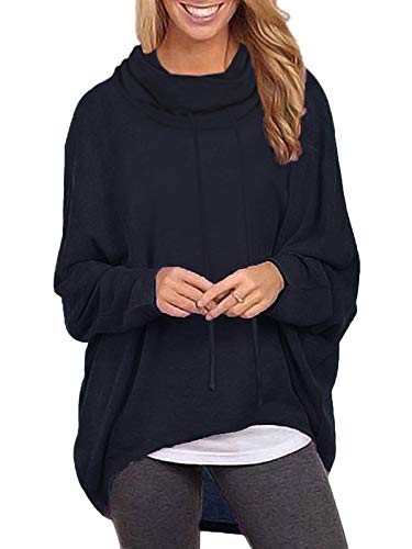 ZANZEA Mujeres Sudaderas Cuello Alto Batwing Manga Larga Irregular Baggy Túnica Blusa Pullover Tops Jersey X-Azul Marino Cuello Alto M