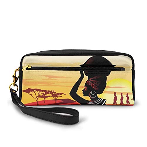 zhengchunleiX Oil Painting Art African Woman Estuche with Compartments for Grils Boys Pen Pencil Bag Pouch Holder Organizer Large Long Leather Zipper