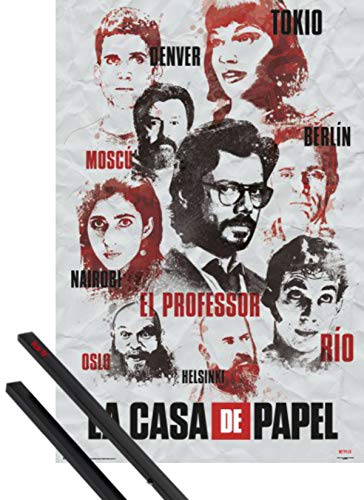 1art1 La Casa De Papel Póster (91x61 cm) Personajes Y 1 Lote De 2 Varillas Negras