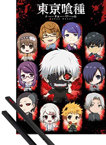 1art1 Tokyo Ghoul Póster (91x61 cm) Chibi Personajes Y 1 Lote De 2 Varillas Negras