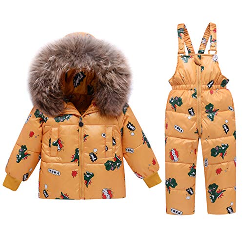 2 Piezas Niños Traje de Nieve de Invierno, Niñas Capucha Chaqueta de Plumón de Pato + Nieve Pantalones Babero Dinosaurio Ropa Conjuntos Amarillo 2-3 Años