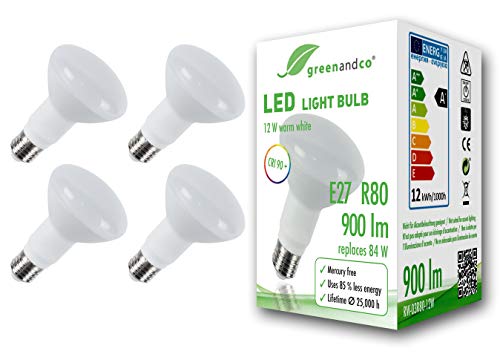 4x Bombilla LED greenandco® IRC 90+ E27 R80 12W (corresponde a 84W) opaca 900lm 3000K (blanco cálido) 160° 230V AC, sin parpadeo, no regulable