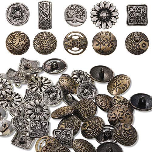80 Piezas Botones de Metal de Color Plata y Bronce Antiguo para Decoraciones Manualidades de Costura, Botones Redondos de Flores de Estilo Vintage Mixto
