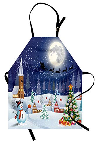 ABAKUHAUS Navidad Delantal de Cocina, Invierno Muñeco de Nieve Árbol de Navidad Santa Trineo Luna Regalos Nieve Estrellas, Estampa Digital Resistente al Agua Apto Lavadora, Blanco
