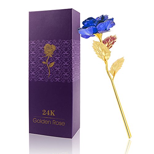 ACCEDE Rosa 24 K Chapado en Oro Rosa,Flores Artificial de Hoja 24K Rosa Flor con Caja de Regalo Mejor Regalo para el día de San Valentín Día de la Madre Navidad cumpleaños- Azul