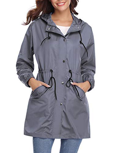 Aibrou Chaqueta Impermeable con Capucha para Mujer, Cazadora Ligera Impermeable al Aire Libre, Gris, XL