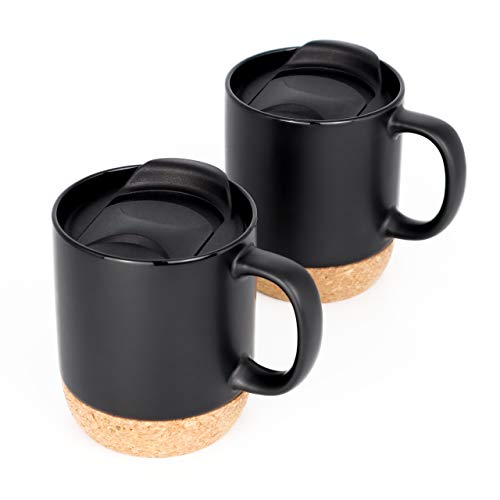 A|M|I|N|A Juego de tazas de café Arabica (2 x 440 ml) – Taza de café de cerámica con base de corcho y tapa