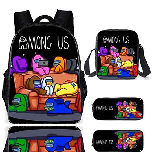 Among Us Mochila Escolar Conjunto Bolso de Escuela de Dibujos Animados para niños con Estuche para lápices Mochila de Viaje al Aire Libre para niños niñas y niños (B)