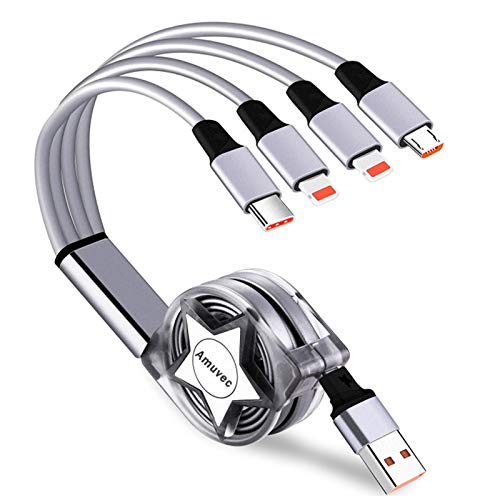 Amuvec 4 en 1 Multi Cable de Carga, Retráctil Multi USB Cargador Cable Múltiples Micro USB Tipo C 2 IP para Phone 11 X 8 Android Samsung Galaxy S9 S8 S7 A5 Huawei P30 P20 Xiaomi Honor Kindle LG Sony