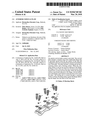 Anterior cervical plate: United States Patent 9918749 (English Edition)