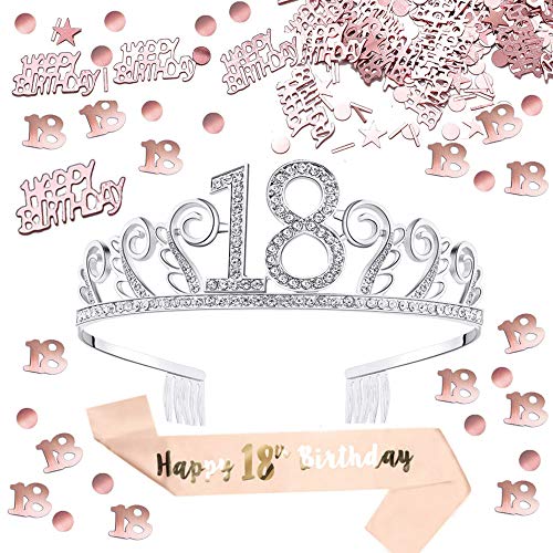 Anyasen Decoraciones de cumpleaños corona 18 cumpleaños corona 18 años Feliz 18 cumpleaños Faja Banda cumpleaños Sash Feliz cumpleaños 18 Mesa Confeti para niña Mujer 18 Años cumpleaños