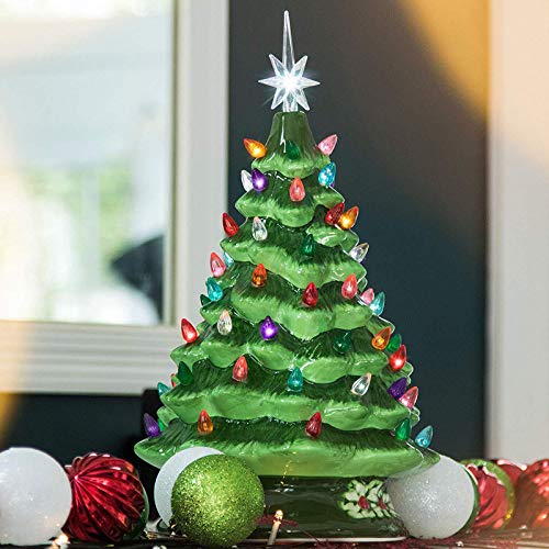 Árbol de Navidad de cerámica con luces, decoraciones luminosas del árbol de Navidad de cerámica con linterna verde pequeña, decoración de cerámica del festival de Navidad de mesa (verde)