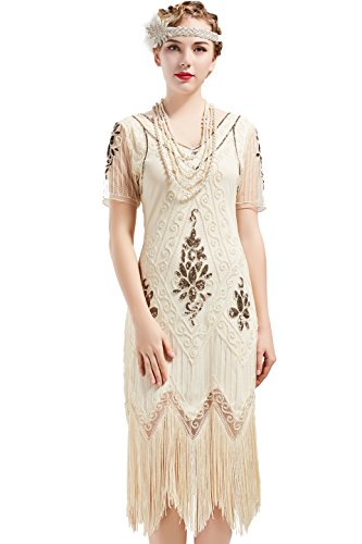 ArtiDeco - Vestido de mujer estilo años 20 con mangas cortas, disfraz de Gatsby para fiestas temáticas beige XL