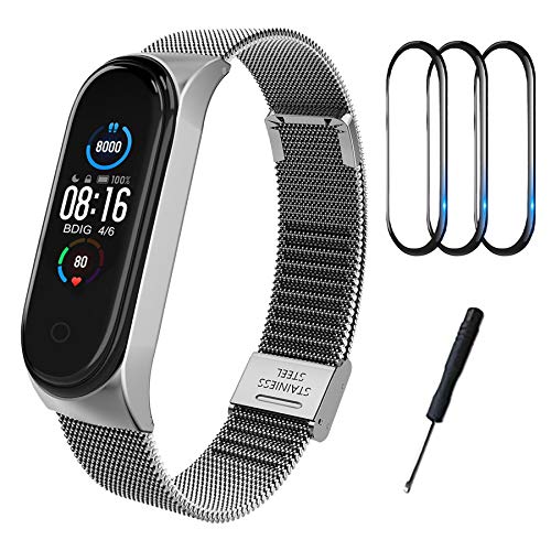 BDIG Correa Compatible para Xiaomi Mi Band 5 Correas Metal + 3 Piezas TPU Protector Pantalla, Pulsera de Acero Inoxidable Agradable para Mi Band 5 Correa (No Host), Plata