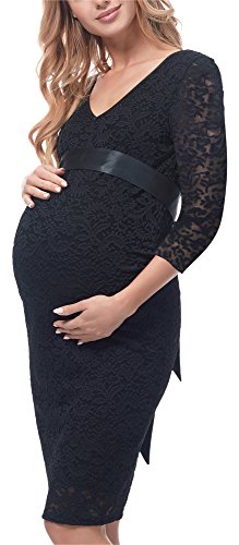 Be Mammy Vestido Premamá Elegante Manga 3/4 de Encaje Embarazo BE20-171 (Negro, XXL)