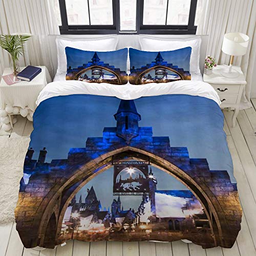 Big horn deer Juego de Cama, Microfibra, Fantasy Castle Magic World Theme Park Paisaje Nocturno,1 Juego de Funda nórdica 200 x 200 cm+2 Fundas de Almohada 50x80cm