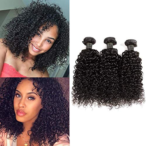 BLISSHAIR Extensiones de cabello brasileño ondulado 100% virgen sin procesar, 3 paquetes de extensiones de cabello rizado natural de color negro