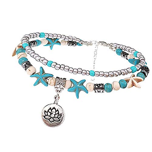 Boho Tobilleras, Lucbuy Azul Estrella de Mar Tortuga de múltiples capas del encanto de los granos Playa hecha a mano Tobilleras Joyería del pie Regalos para mujeres niñas (Loto)