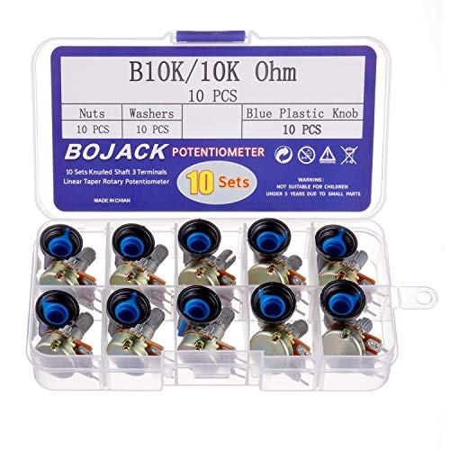 BOJACK 10 juegos B10K 3 terminales Potenciómetros rotativo cónico lineal (WH148) 10K Ohm Resistencia variables de película de carbono con kit de perillas de plástico azul